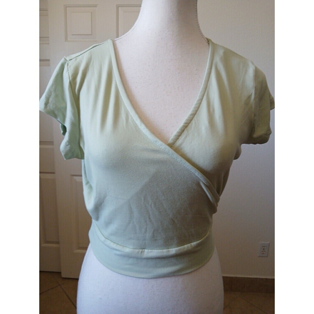 No Comment Womens Size L Blouse V-Neck Wrap Short Sleeves Light Green‎